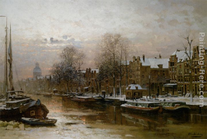 Snow covered barges on the Singel Amsterdam painting - Johannes Christiaan Karel Klinkenberg Snow covered barges on the Singel Amsterdam art painting